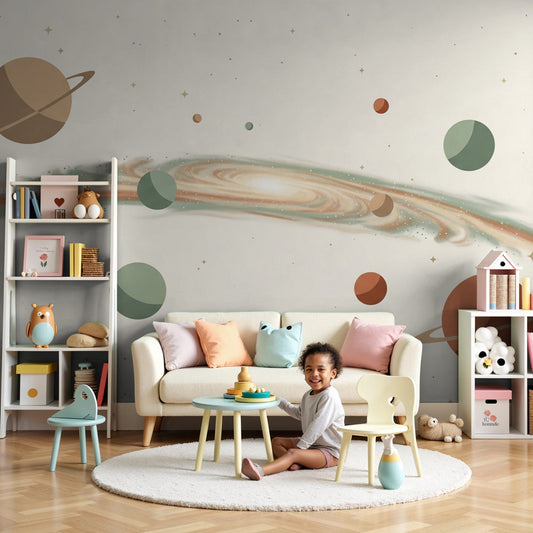 Kids-Mundo minimalist Milky Way wall mural in a warm, neutral cream nursery.