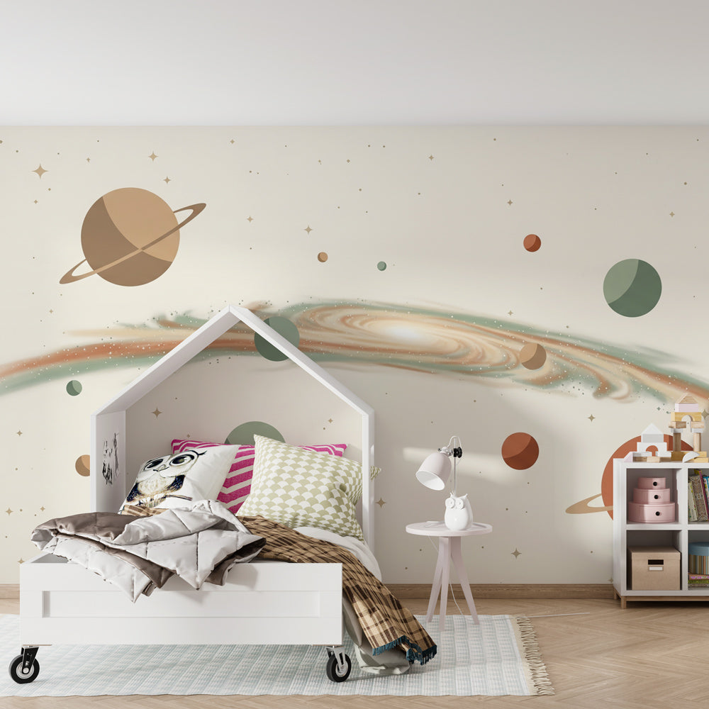 Kids-Mundo minimalist space mural with terracotta planets in a playroom.