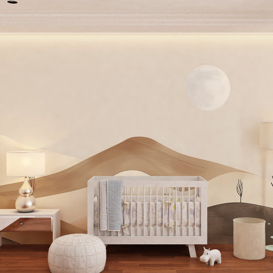 Kids-Mundo earthy mountain landscape wall mural shown in a calm kids bedroom