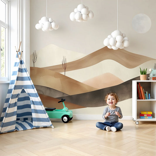 Kids-Mundo minimalist mountain wall mural styled as a feature wall in a warm neutral nursery