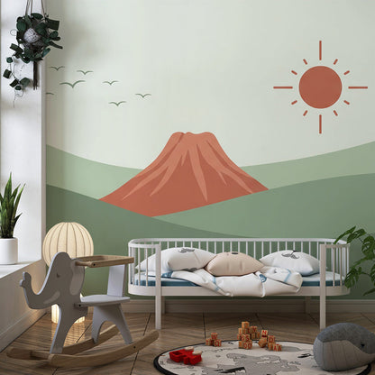 Kids-Mundo mountain landscape wall mural in a bright, nature-themed playroom