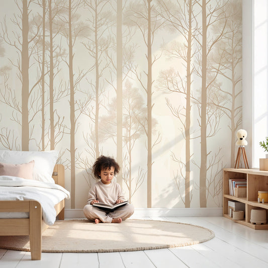 Kids-Mundo minimalist forest wall mural styled in a calm neutral nursery with tall trees.