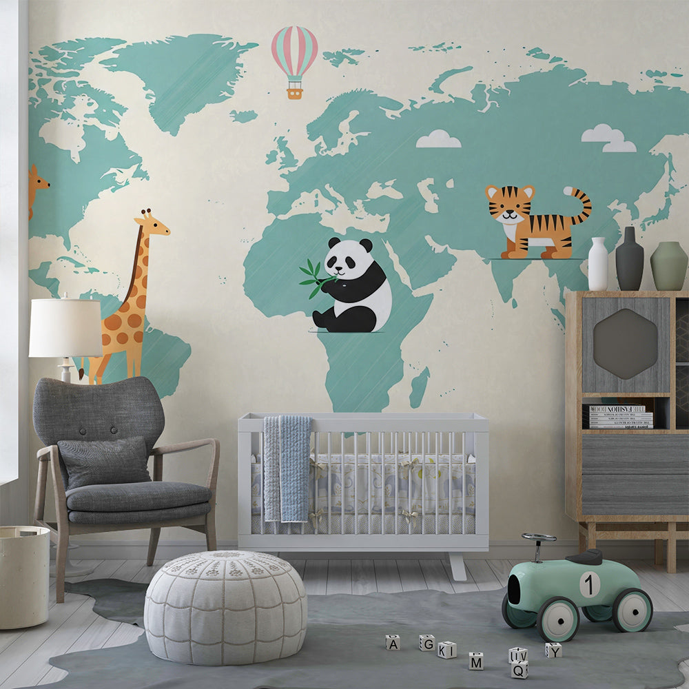 Playroom wall featuring the Kids-Mundo mint world map mural with hot air balloon