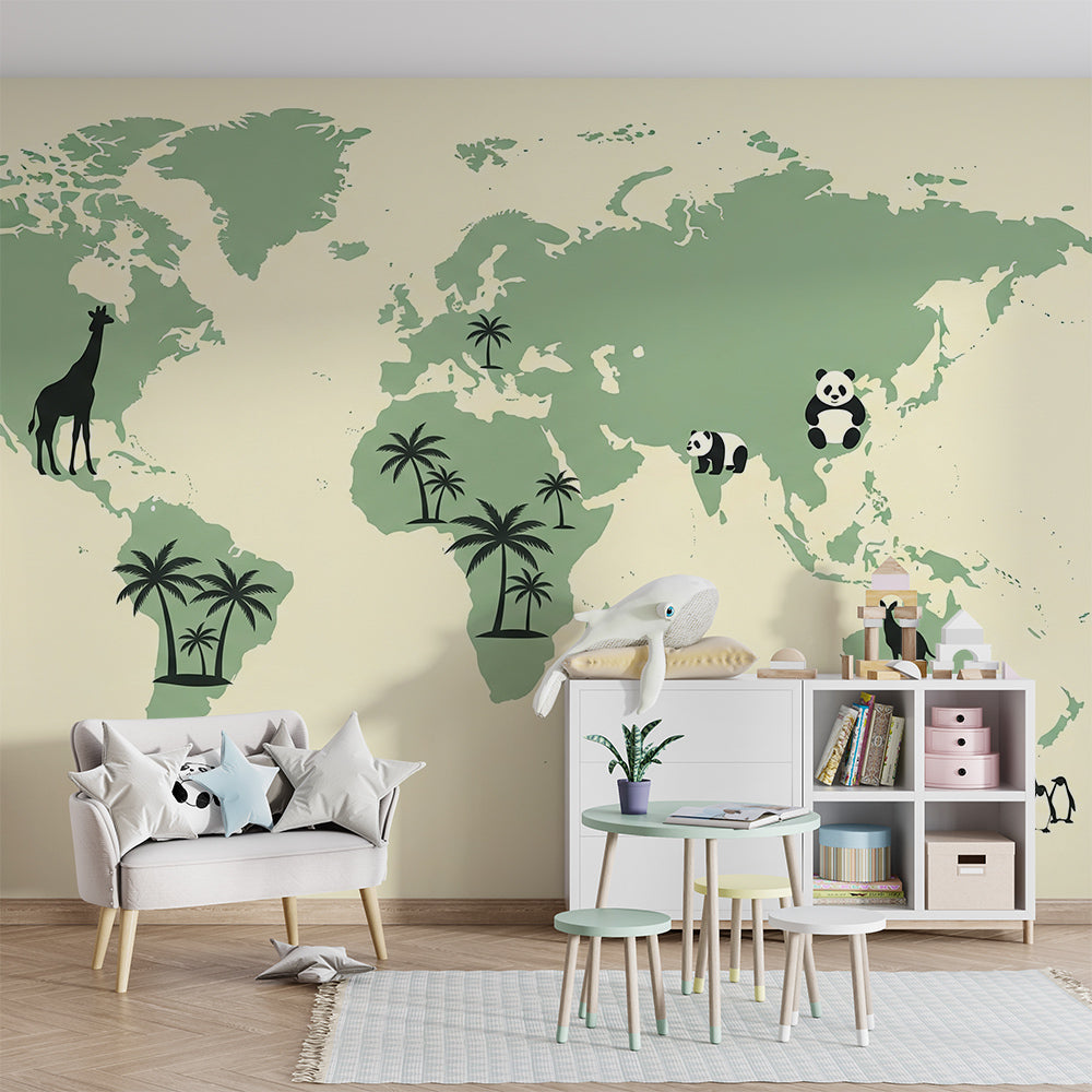 Kids-Mundo mint world map wall mural with pandas and giraffe covering a wall in a kids' bedroom