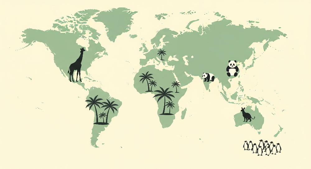Mint Green World Map with Palm Trees and Panda Wall Mural