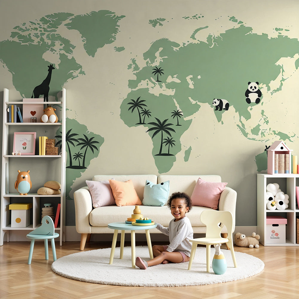 Kids-Mundo mint green world map wall mural with palm trees styled behind a cot in a bright nursery