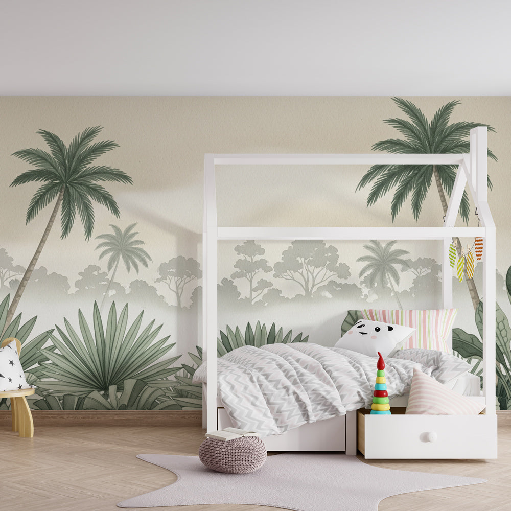 Kids-Mundo misty jungle palm wall mural in a soft neutral kids bedroom