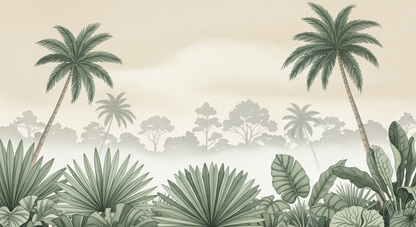 Kids-Mundo flat artwork of the soft beige misty jungle palm wall mural design