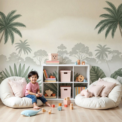 Kids-Mundo soft beige jungle wall mural behind a white cot in a calm nursery