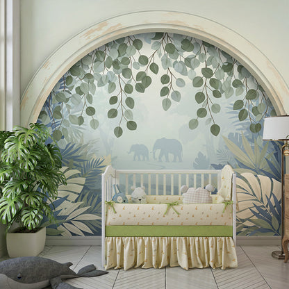 Kids-Mundo blue jungle arch wall mural displayed above a bed in a calm kids bedroom