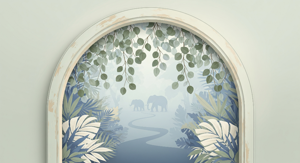Elephant Family in a Misty Blue Jungle Wall Mural