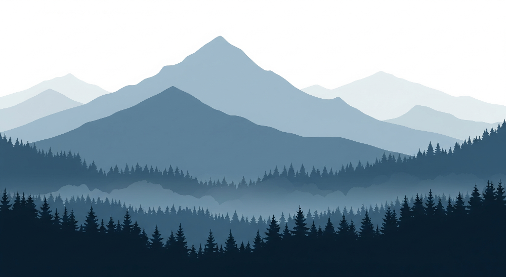 Kids-Mundo flat illustration of layered blue mountains and a misty pine forest silhouette