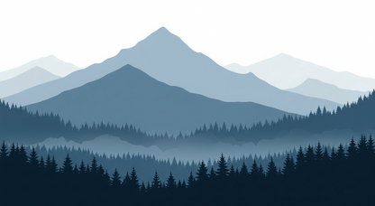 Kids-Mundo flat illustration of layered blue mountains and a misty pine forest silhouette