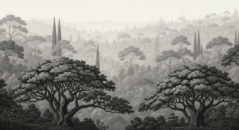 Grey Woodland with Cypress Trees and Misty Hills Wall Mural