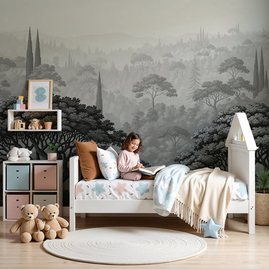 Kids-Mundo grey woodland wall mural with cypress trees behind a cot in a peaceful nursery