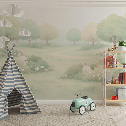 Kids-Mundo bunny wall mural adding a calm, misty woodland path scene to a playroom