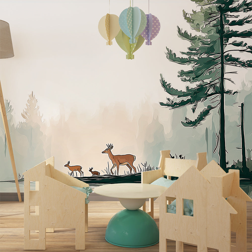 Kids-Mundo deer family wall mural forming a peaceful feature wall in a bedroom