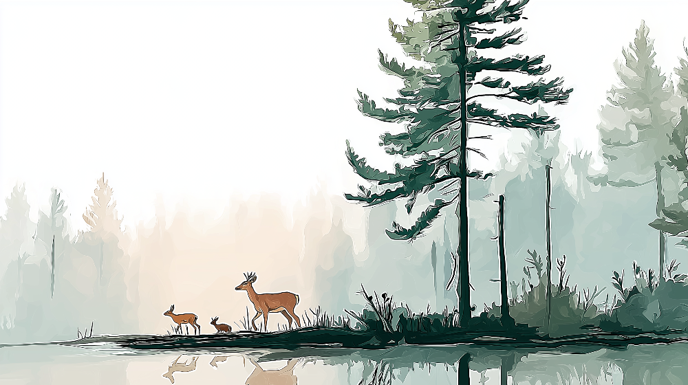 Kids-Mundo deer family by a misty forest lake wall mural artwork shown in full