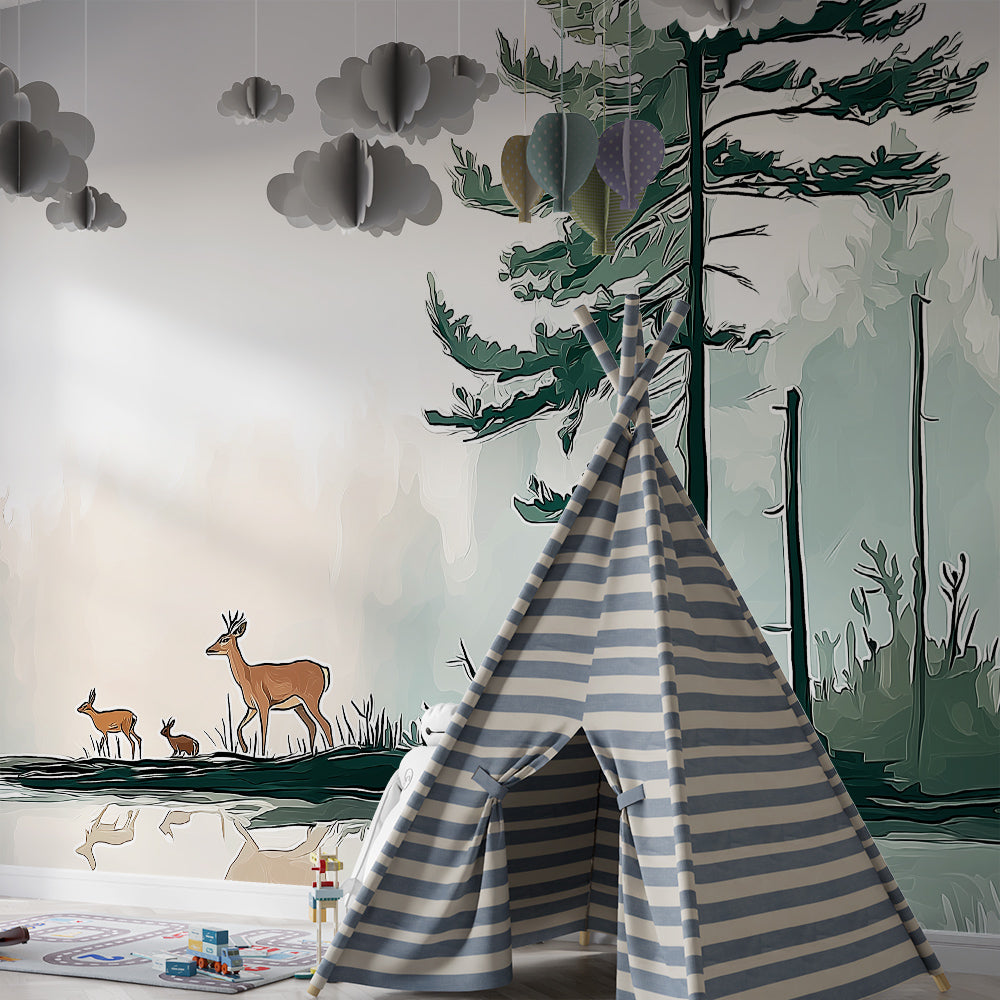 Kids-Mundo misty forest lake mural bringing a calm scene to a children's playroom