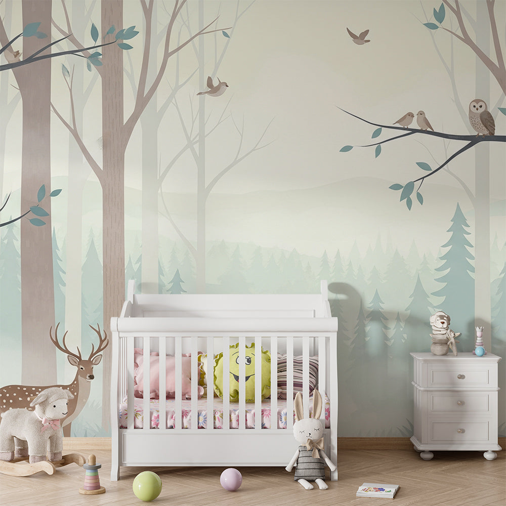 Kids-Mundo forest deer and owls mural covering a feature wall in a calm kids' bedroom