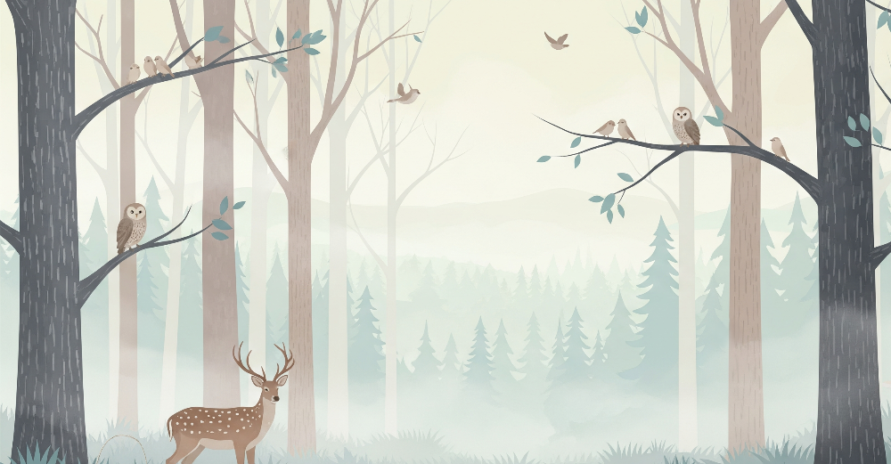 Kids-Mundo flat artwork of a deer and owls among misty blue-grey forest trees and branches