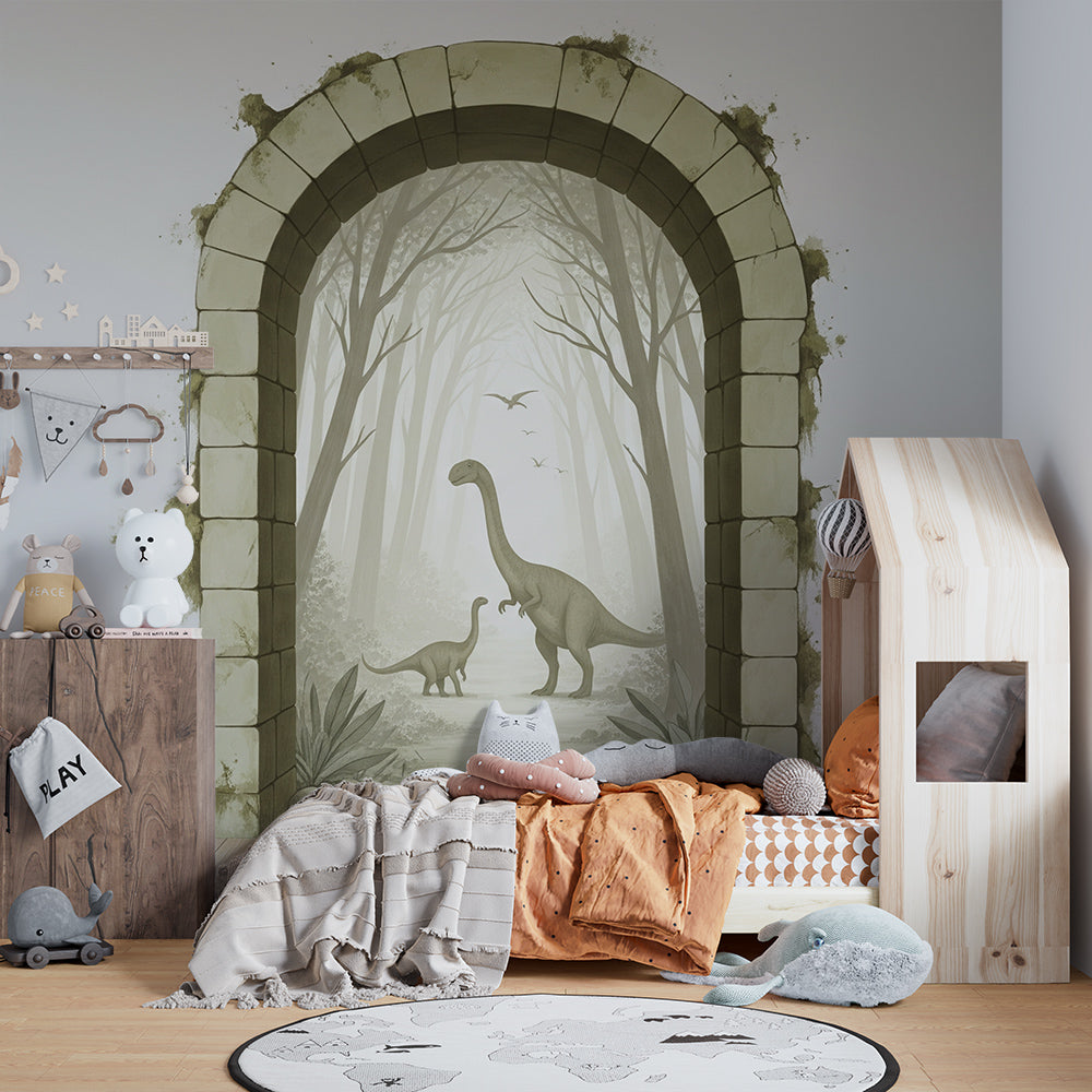 Kids-Mundo dinosaur archway wall mural behind a single bed in a calm kids bedroom