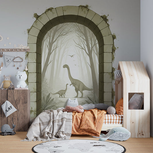 Kids-Mundo dinosaur archway wall mural behind a single bed in a calm kids bedroom