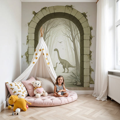 Kids-Mundo misty forest dinosaur wall mural in a soft beige nursery with a cot and armchair