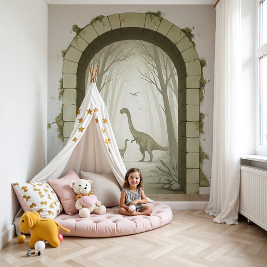 Kids-Mundo misty forest dinosaur wall mural in a soft beige nursery with a cot and armchair