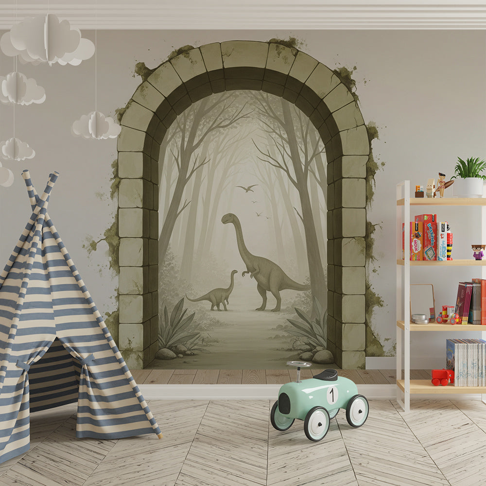 Kids-Mundo misty dinosaur mural adding an adventurous feature wall to a bright playroom