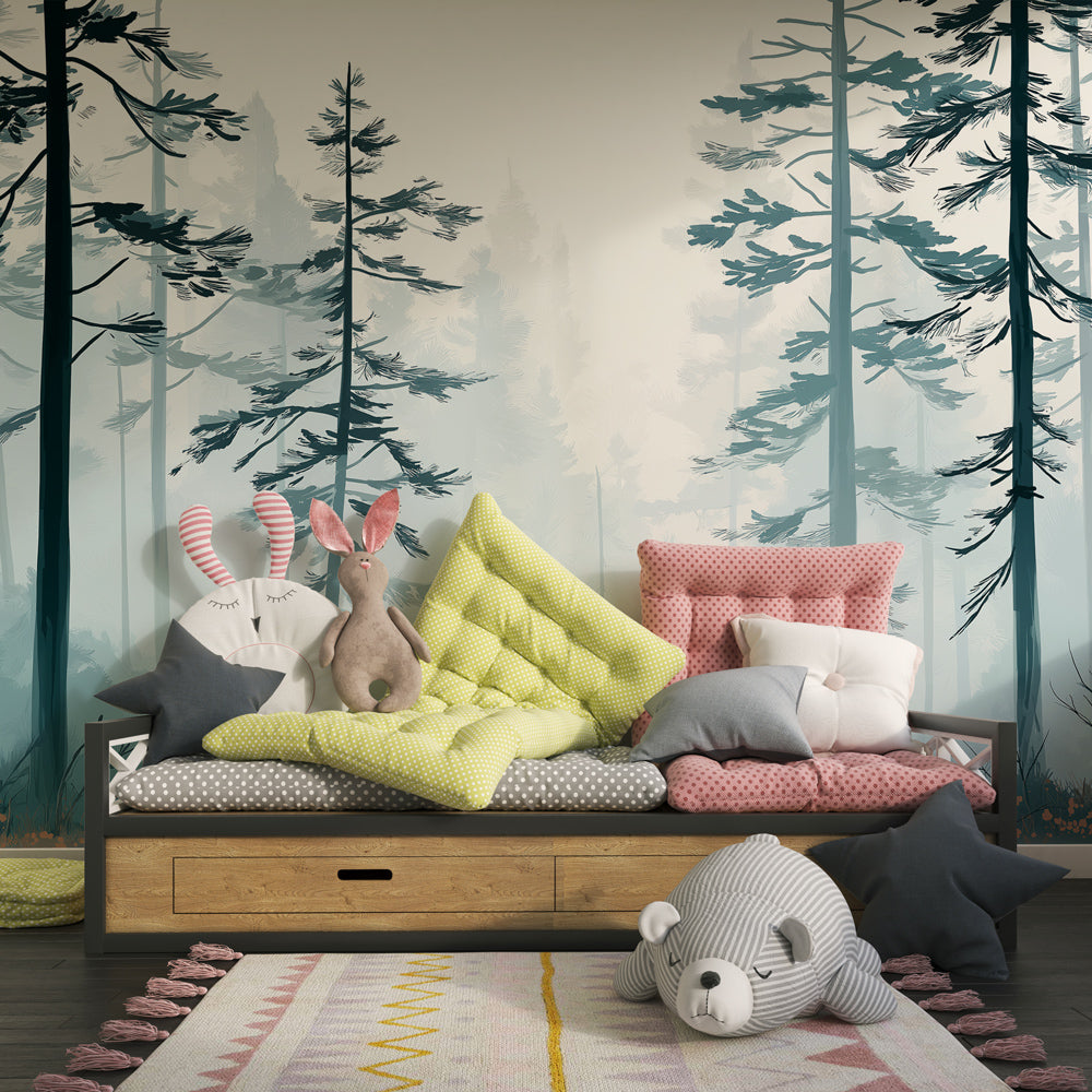 Calming forest wallpaper with blue trees transforming children's bedroom into serene woodland retreat