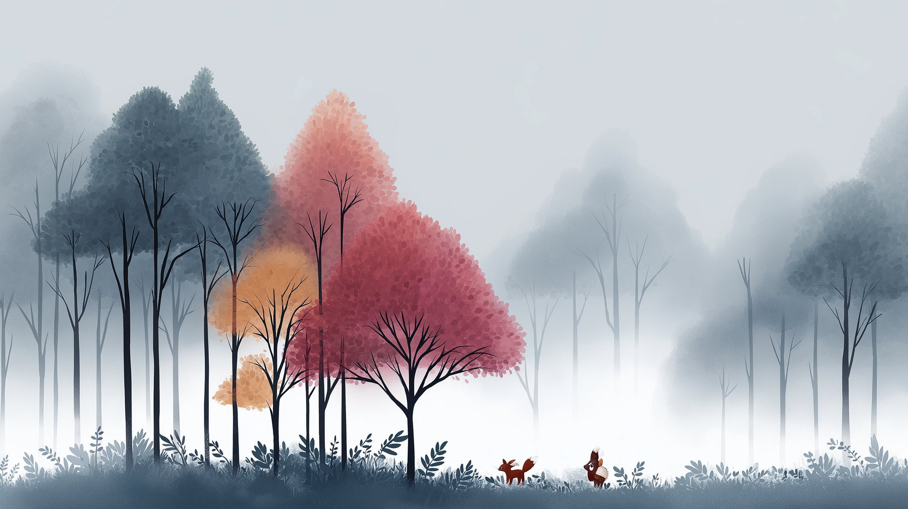 Detailed misty forest mural wallpaper design pattern with woodland animals by Kids-Mundo