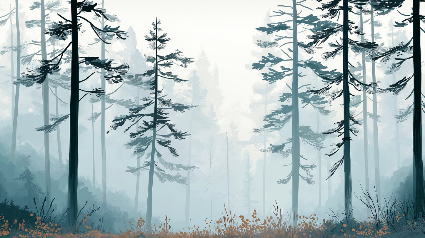 Detailed misty forest mural wallpaper design pattern showing blue-green trees and fog by Kids-Mundo