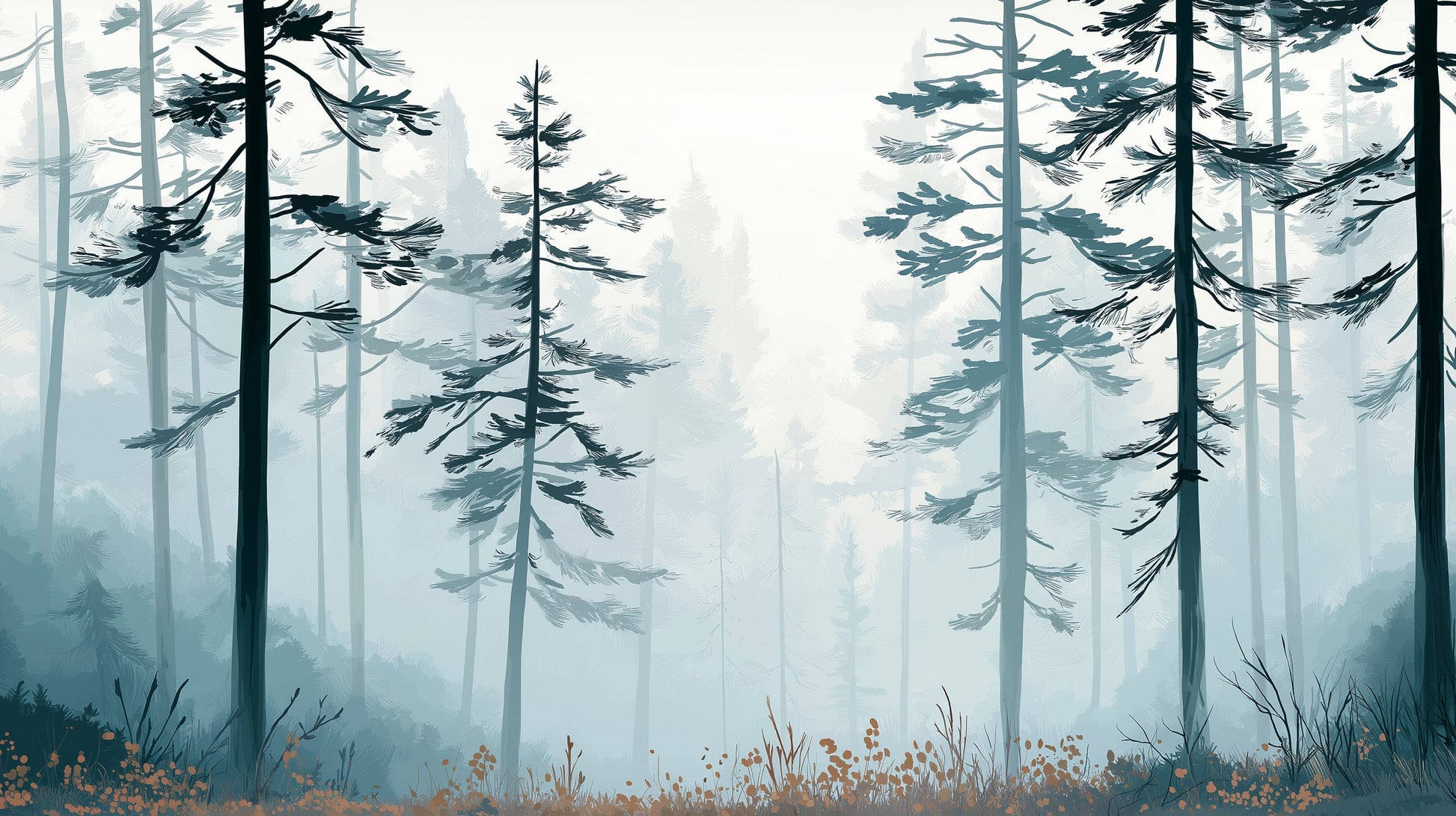 Detailed misty forest mural wallpaper design pattern showing blue-green trees and fog by Kids-Mundo