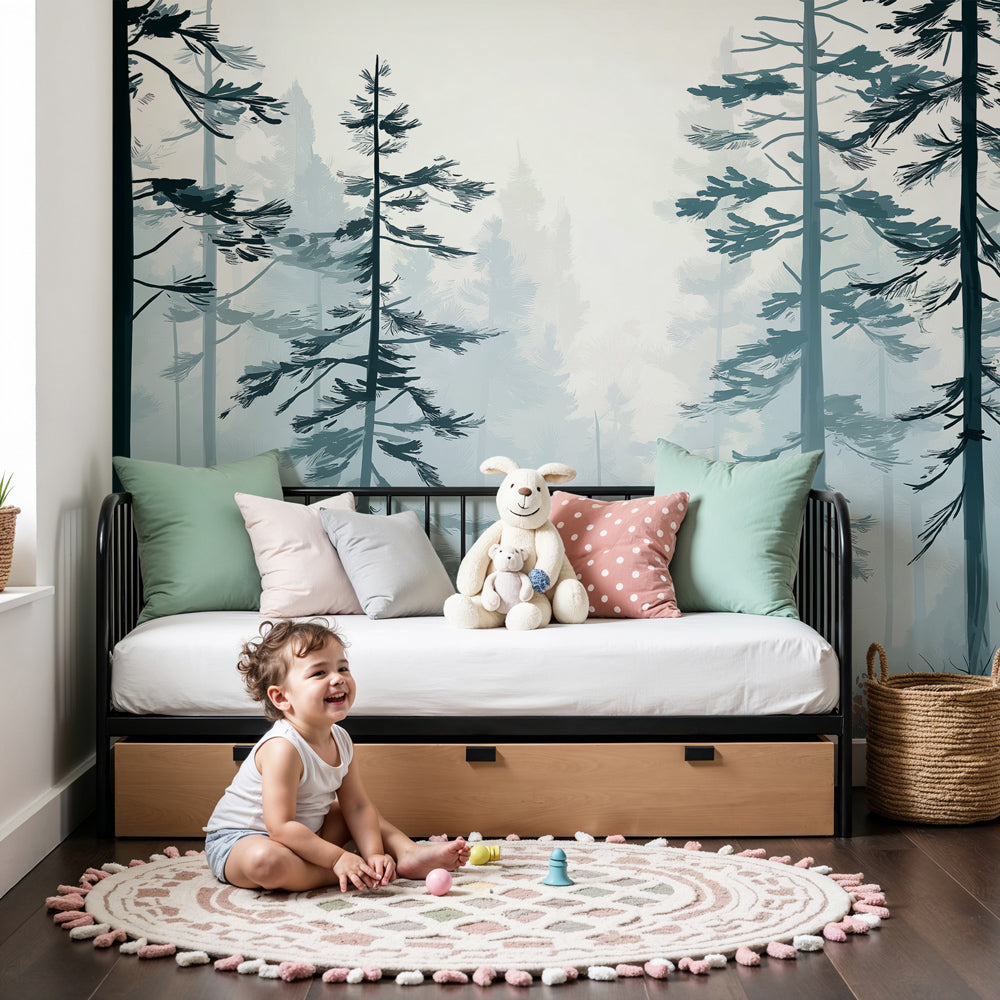 Misty forest mural wallpaper creating peaceful blue-green atmosphere in modern nursery by Kids-Mundo