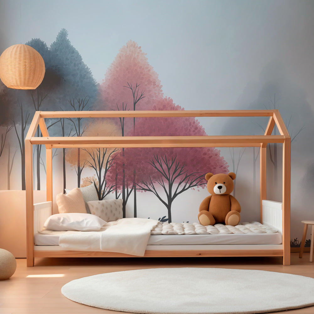 Forest themed mural wallpaper creating magical playroom atmosphere with fox and squirrel characters