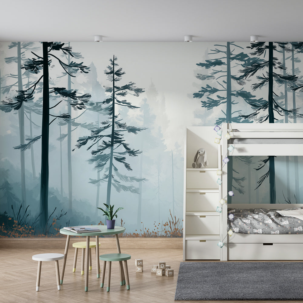 Peaceful misty forest children's wallpaper with elegant tree silhouettes in soft blue-green tones