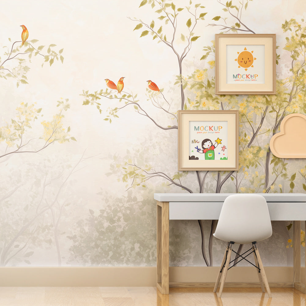 Soft green forest wall mural with birds in a kids bedroom, Kids-Mundo made to measure design