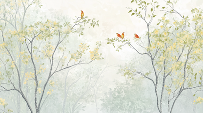 Flat artwork of a misty forest wall mural with three orange songbirds, Kids-Mundo design
