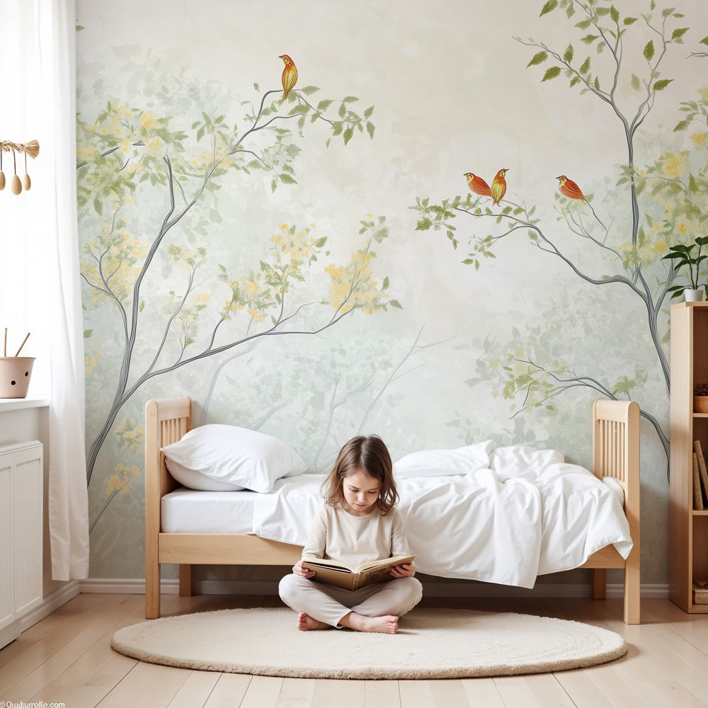 Misty forest wall mural with songbirds made to measure for a nursery by Kids-Mundo