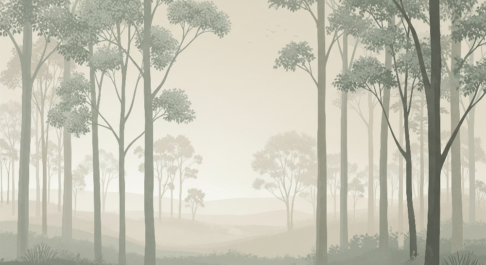 Kids-Mundo flat artwork of a misty forest with tall, delicate trees wall mural design.