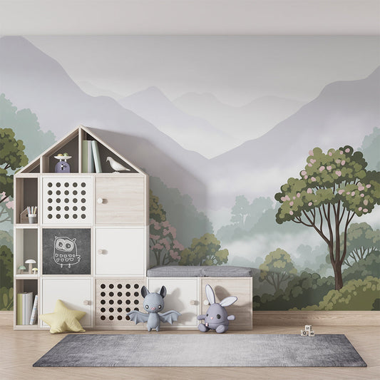 Kids-Mundo misty forest wall mural on a feature wall in a soothing kids bedroom.