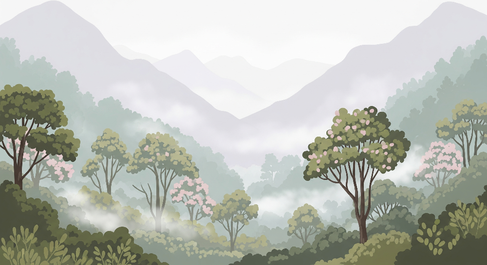 Kids-Mundo flat artwork preview of the misty forest valley wall mural in soft green tones.