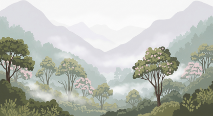 Kids-Mundo flat artwork preview of the misty forest valley wall mural in soft green tones.