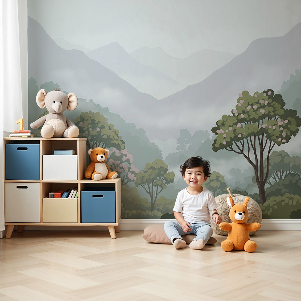 Kids-Mundo misty forest valley wall mural styled in a calm green nursery.