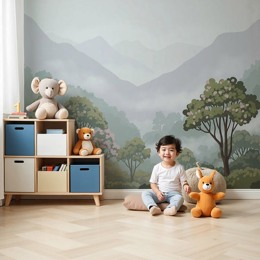 Kids-Mundo misty forest valley wall mural styled in a calm green nursery.