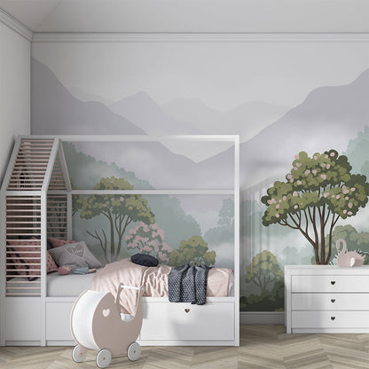 Kids-Mundo green forest valley wall mural bringing calm to a playroom wall.