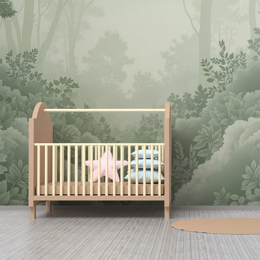 Kids-Mundo misty forest wall mural decorating a peaceful green-toned kids bedroom wall