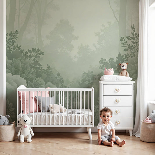 Kids-Mundo misty green forest wall mural styled behind a cot in a calm sage nursery