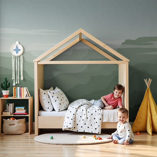 Kids-Mundo misty green mountain wall mural creating a calm, airy nursery backdrop